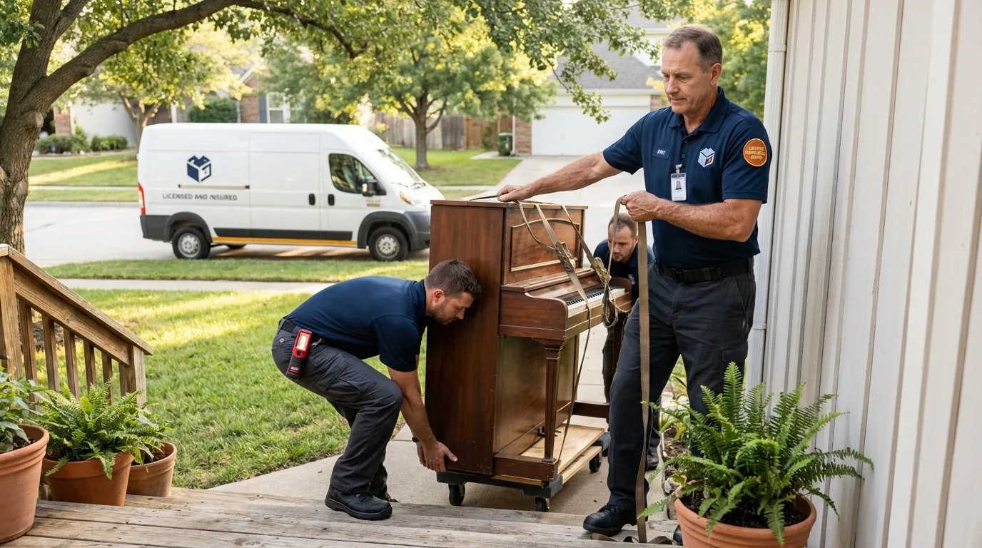 Licensed piano movers securing grand piano in Palm Harbor, FL