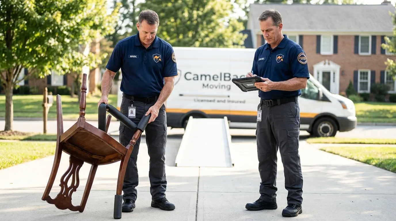Movers inspecting furniture for damage prevention before loading in Palm Harbor, FL