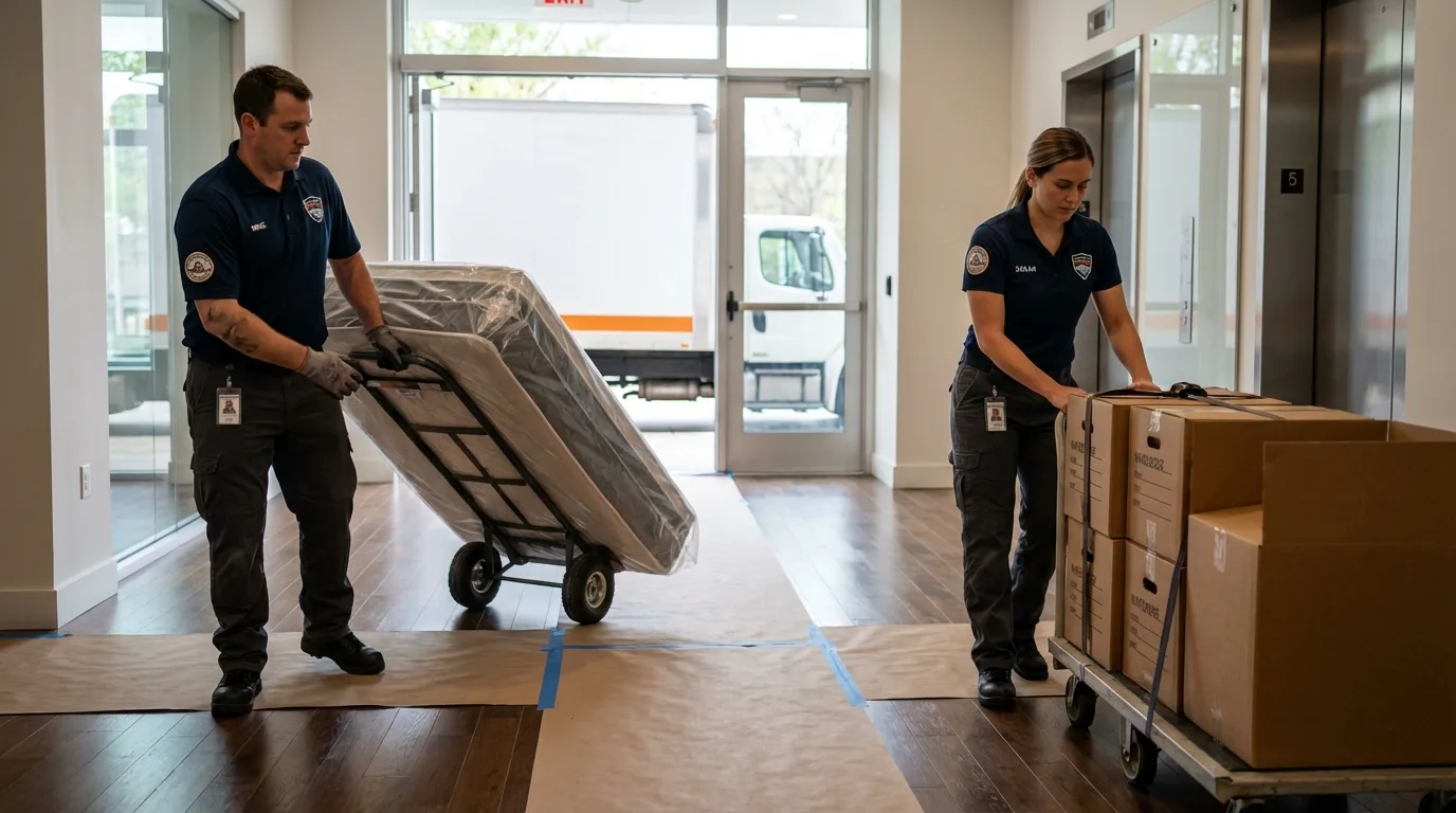 Professional apartment movers loading elevator in Palm Harbor, FL