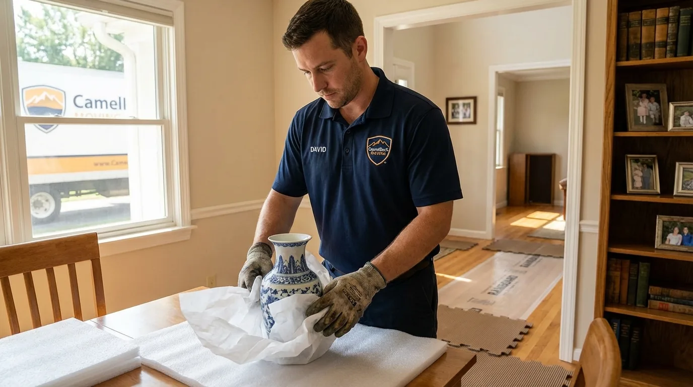 Professional crew carefully wrapping antique vase for senior downsizing move in Palm Harbor, FL